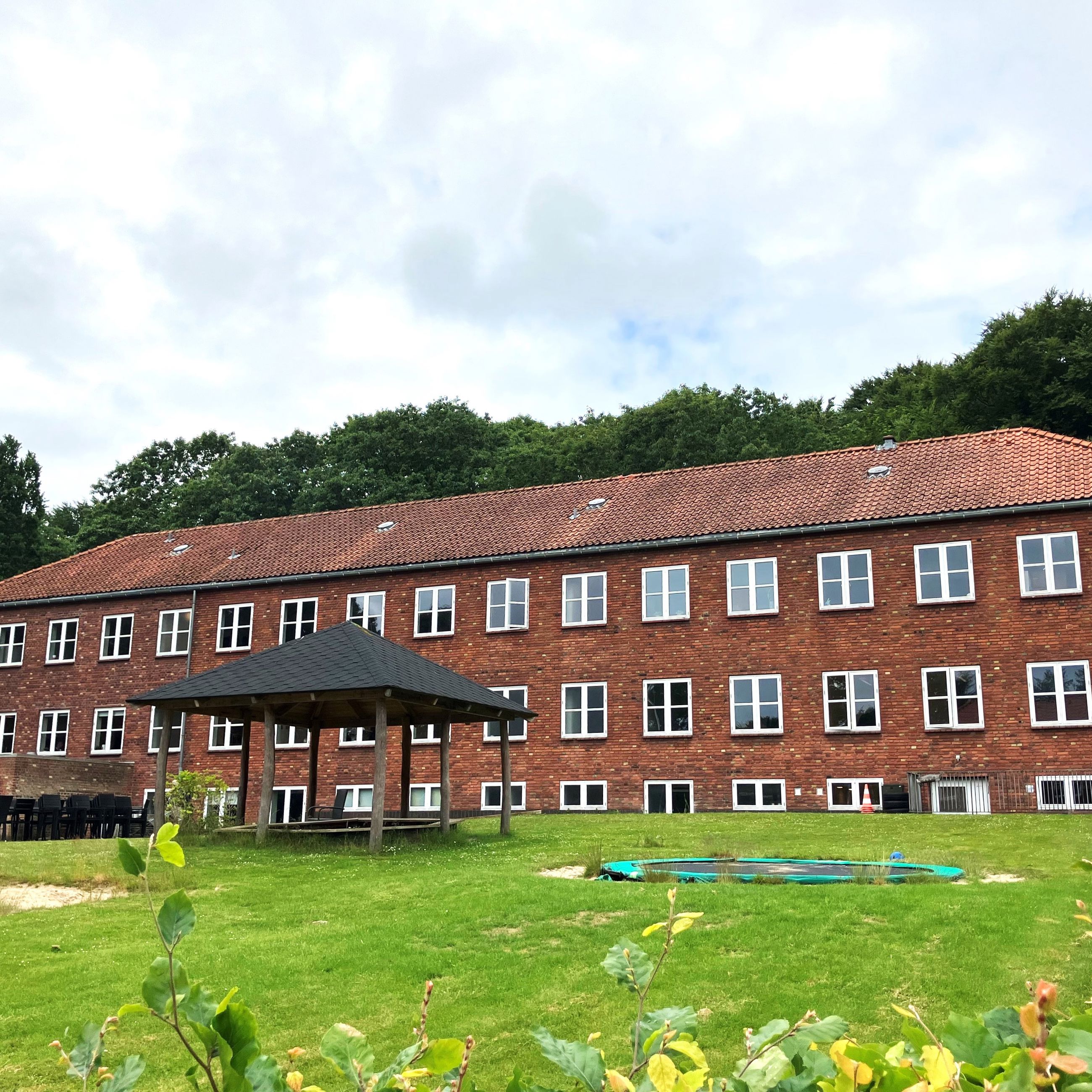 Væksthusets facade med grønt græs omkring