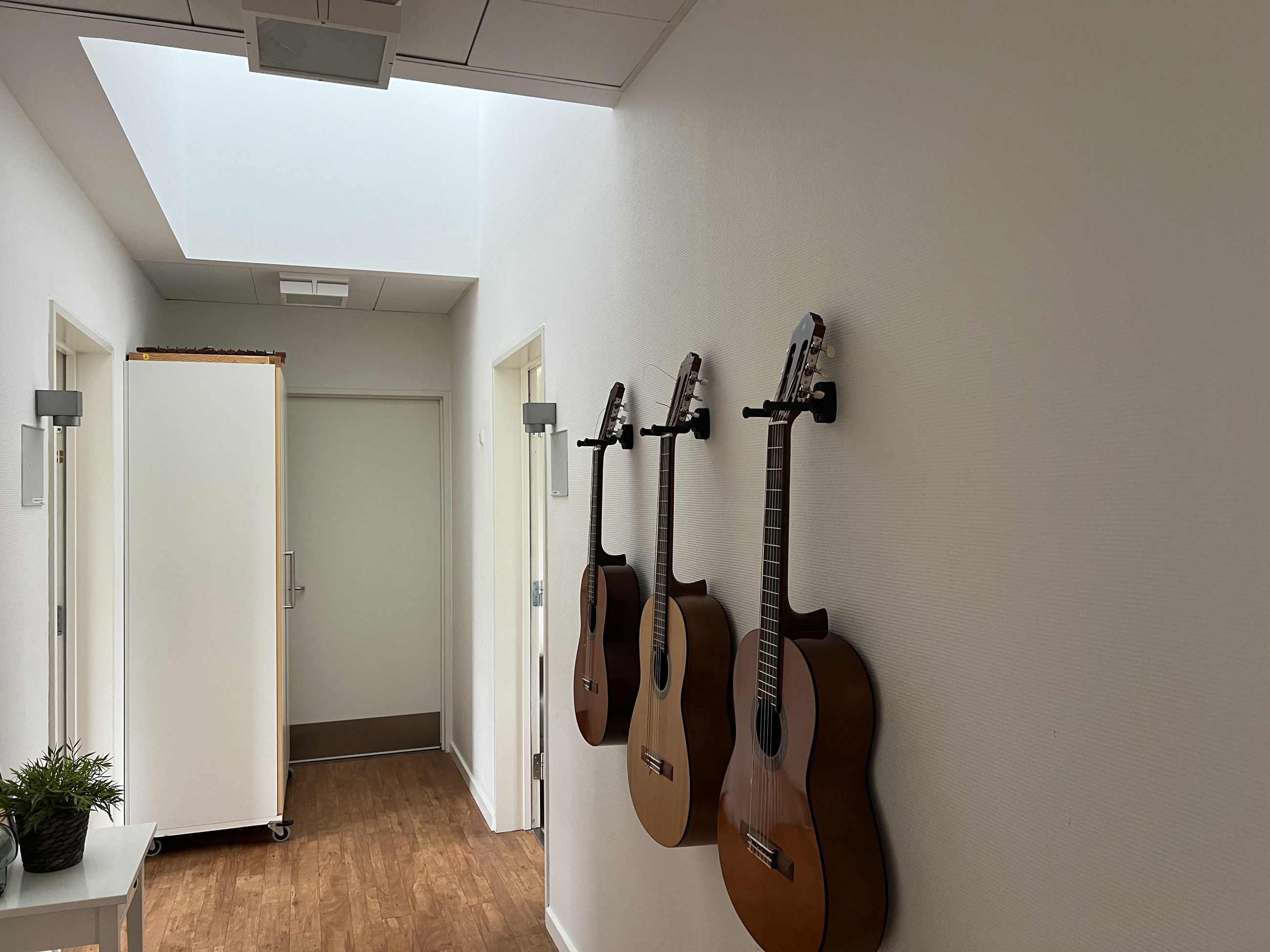 Familiehuset Bisgård Gang med ovenlys og guitarer ophængt på væggen