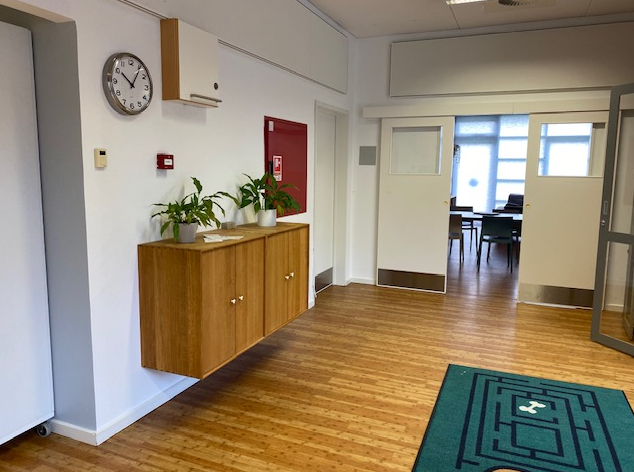 Forgang med skabe og grønne planter