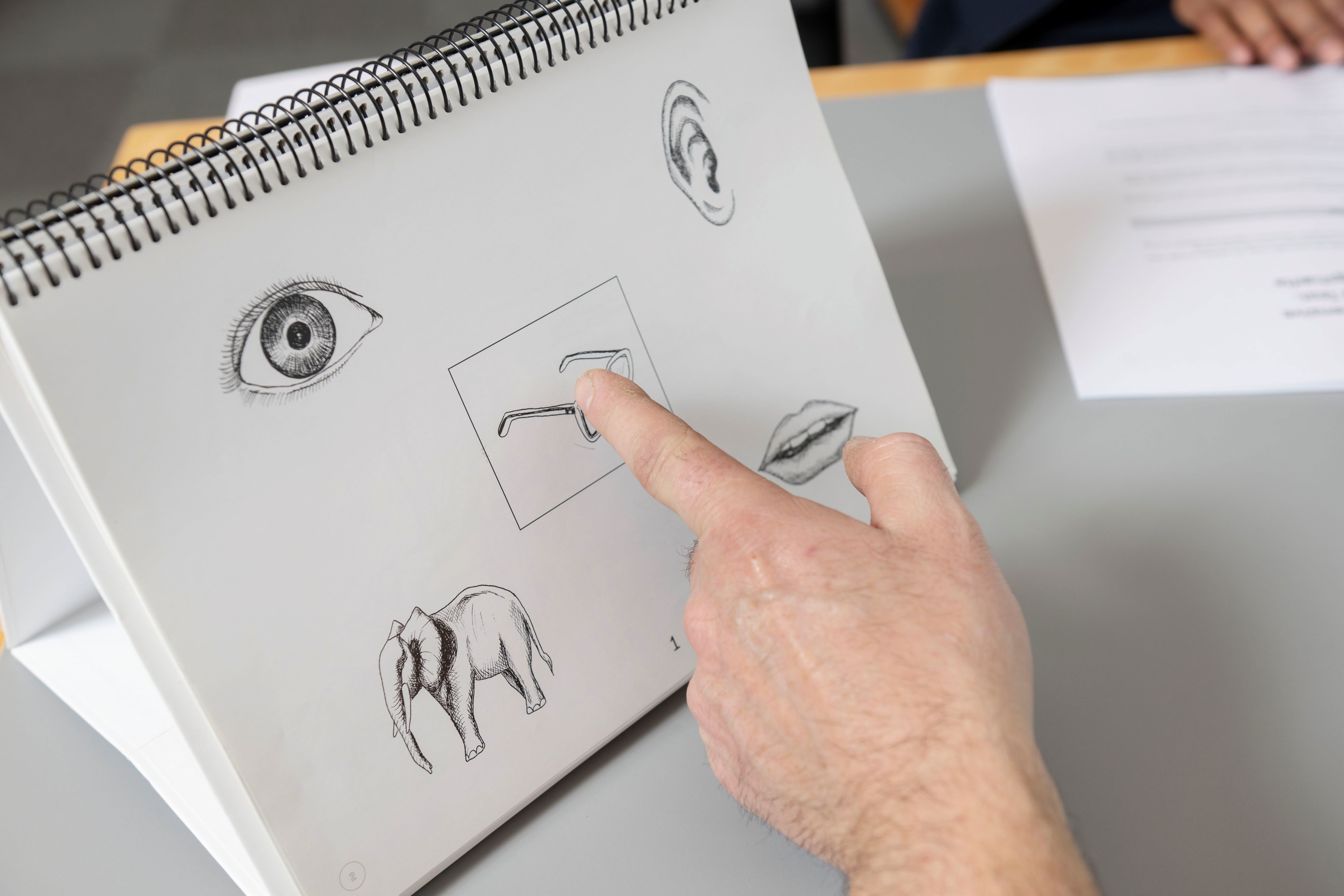 Finger der peger på en tegning med briller