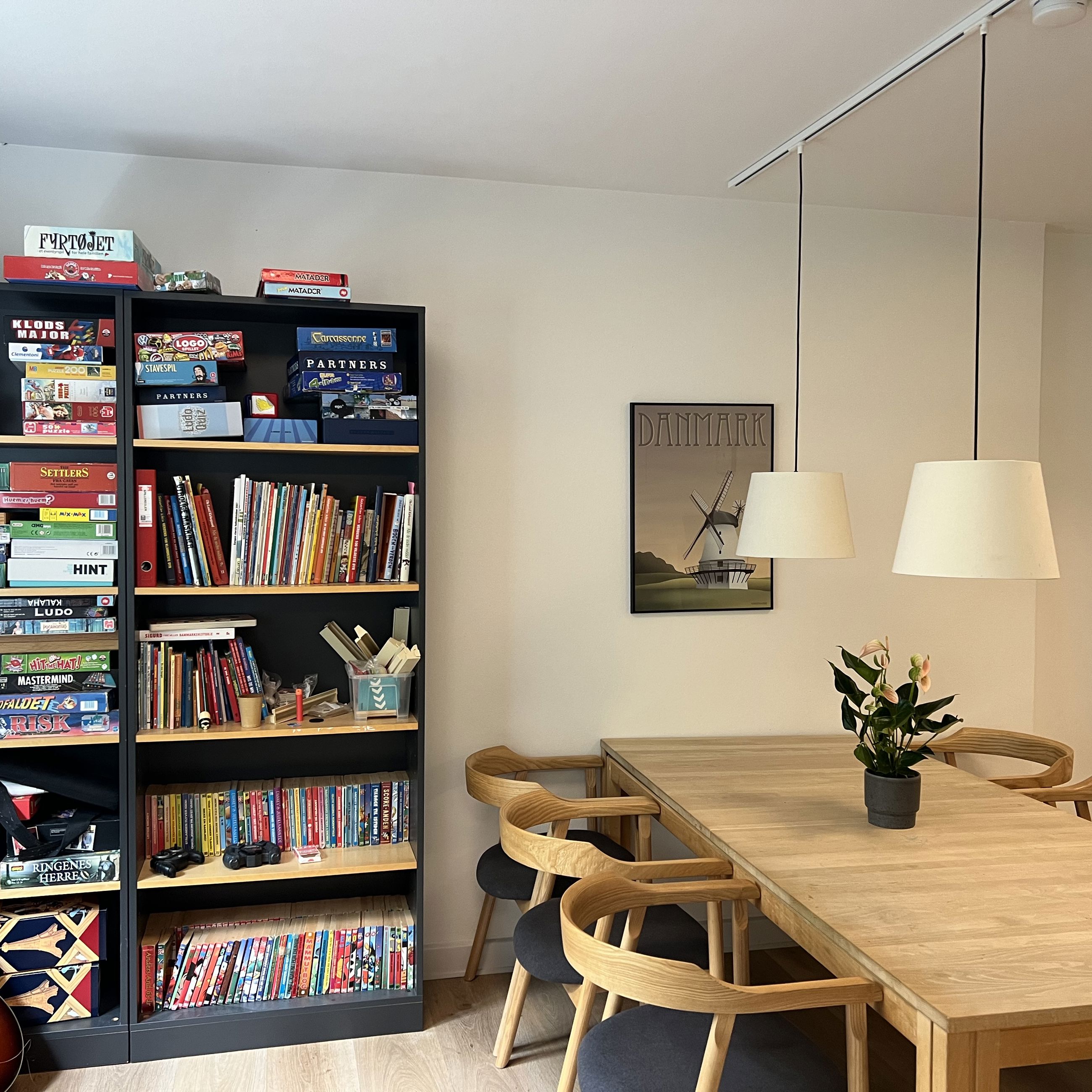 Horisonten fællesrum med spisebord og reol med spil og bøger