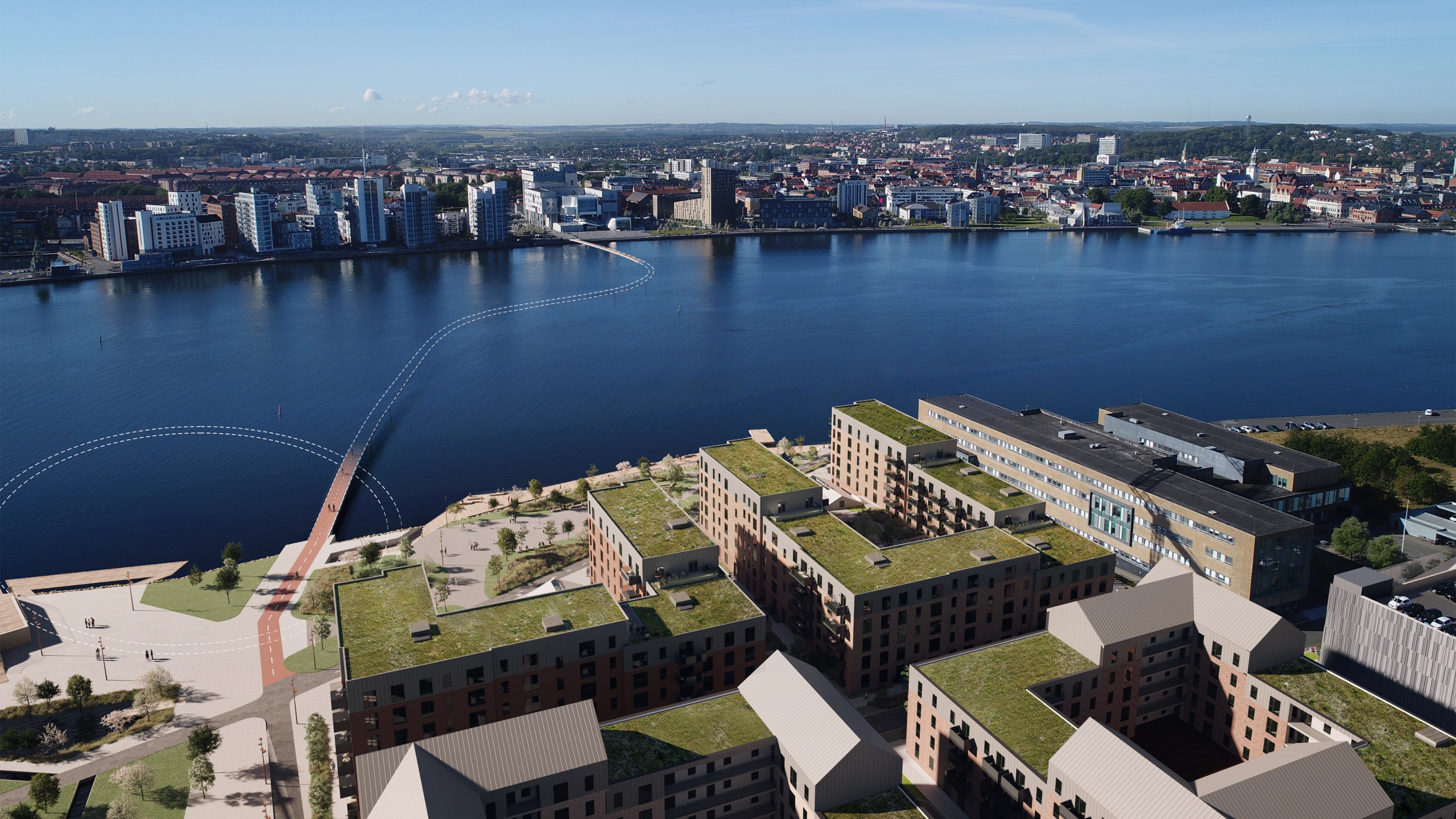 Visualisering af slynget bro over Limfjorden mellem Stigsborg Brygge og Musikkenshus