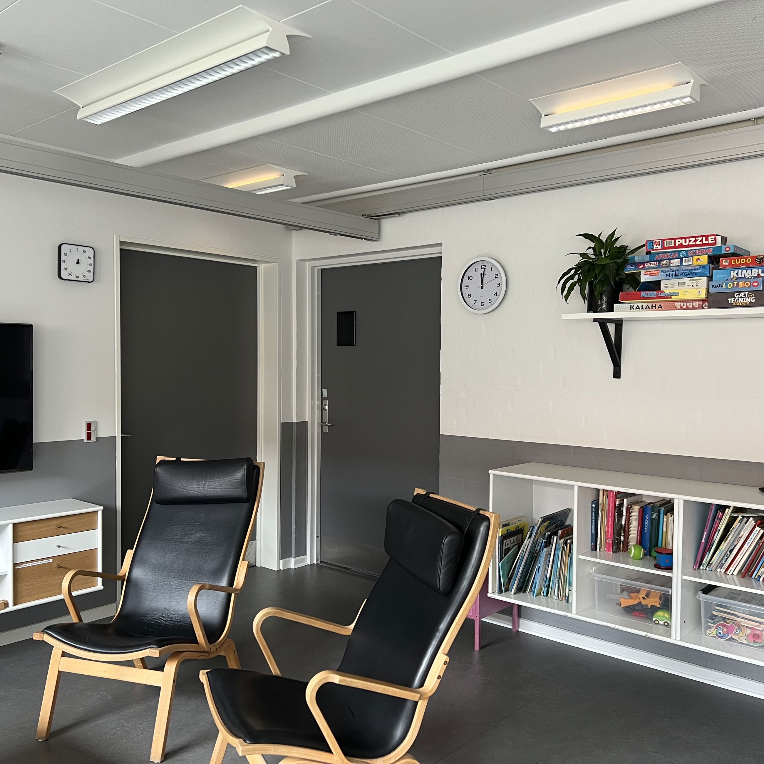 Danahus - opholdsstue med tv, stole og reoler